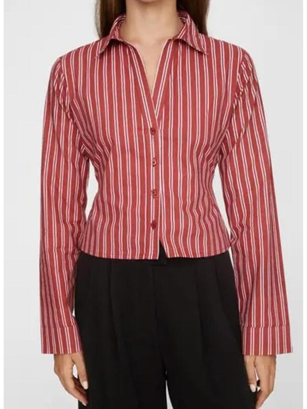 Nasty Gal Cotton Fitted Crop Button-Up Shirt NWT Red White Stripes Size 14